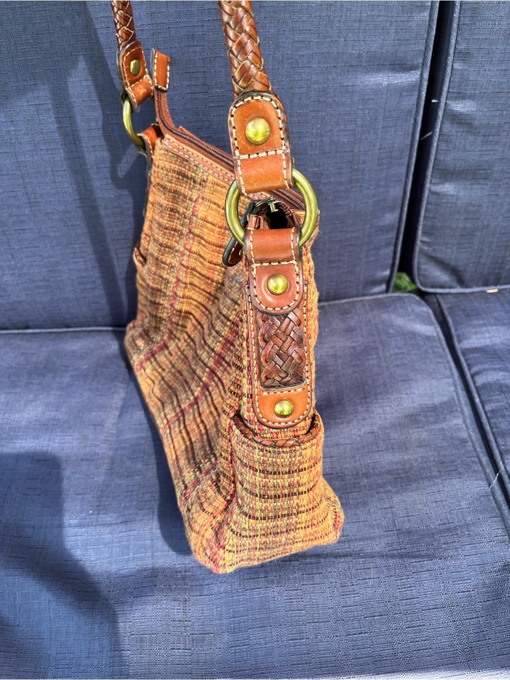 Fossil Woven Multicolor Shoulder Bag with Braided Brown Handle - Picture 4 of 7